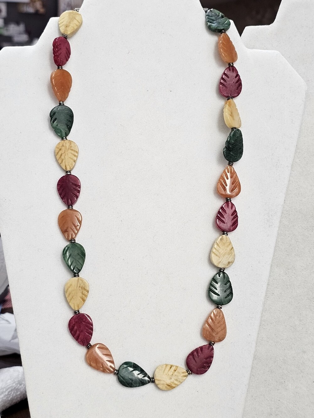 Artisan Natural Gemstone Carved Leaf Necklace